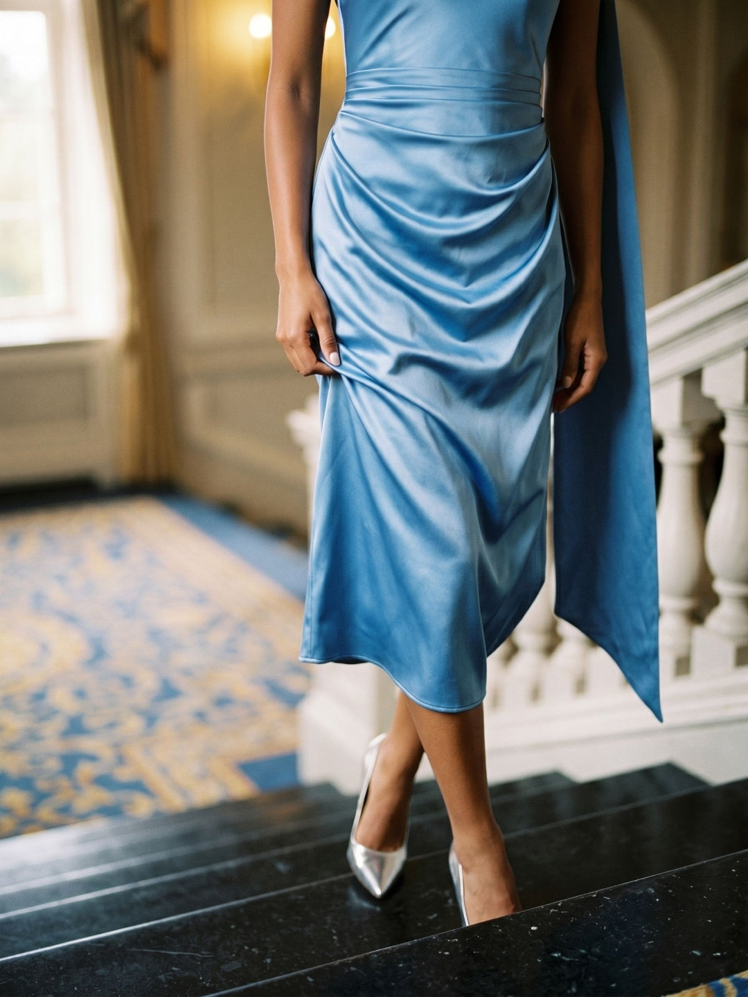 Steel Blue Satin Column One Shoulder Tea-Length Dress with Pleating - Curvevia