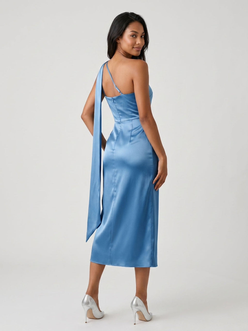 Steel Blue Satin Column One Shoulder Tea-Length Dress with Pleating - Curvevia