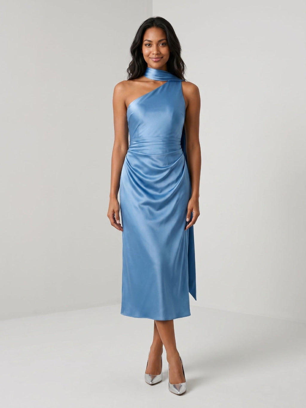 Steel Blue Satin Column One Shoulder Tea-Length Dress with Pleating - Curvevia