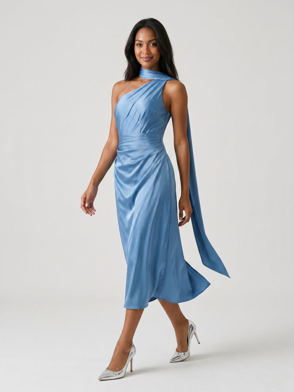 Steel Blue Satin Column One Shoulder Tea-Length Dress with Pleating - Curvevia