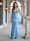 Steel Blue Satin Sheath V-Neck Backless Floor-Length Evening Gown with Bow - Curvevia