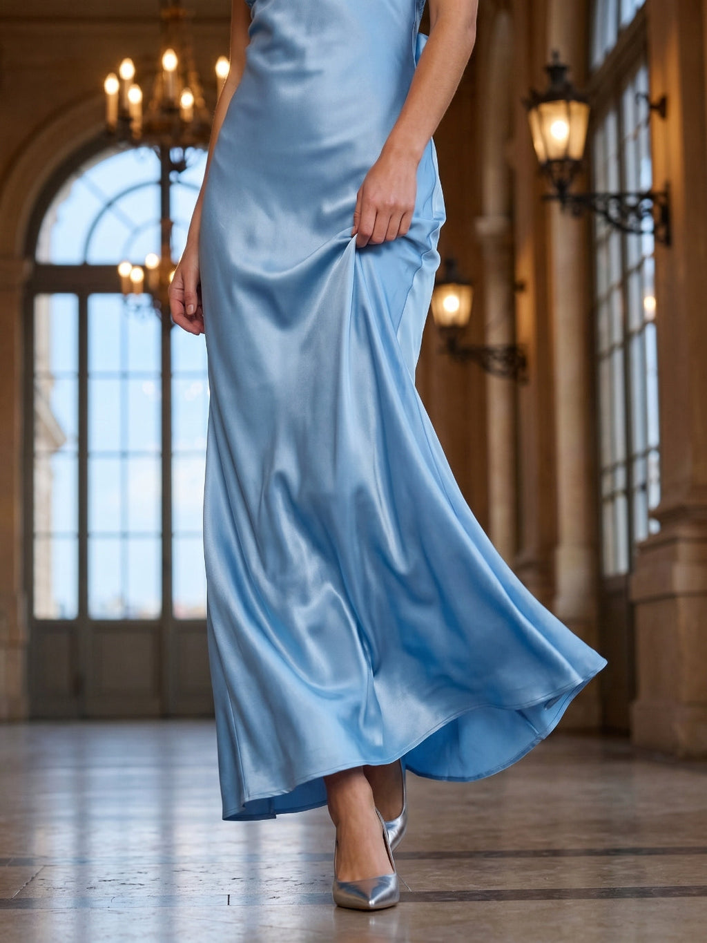 Steel Blue Satin Sheath V-Neck Backless Floor-Length Evening Gown with Bow - Curvevia