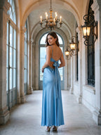 Steel Blue Satin Sheath V-Neck Backless Floor-Length Evening Gown with Bow - Curvevia