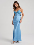 Steel Blue Satin Sheath V-Neck Backless Floor-Length Evening Gown with Bow - Curvevia