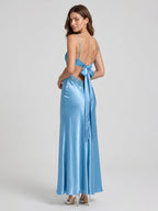 Steel Blue Satin Sheath V-Neck Backless Floor-Length Evening Gown with Bow - Curvevia