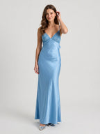 Steel Blue Satin Sheath V-Neck Backless Floor-Length Evening Gown with Bow - Curvevia