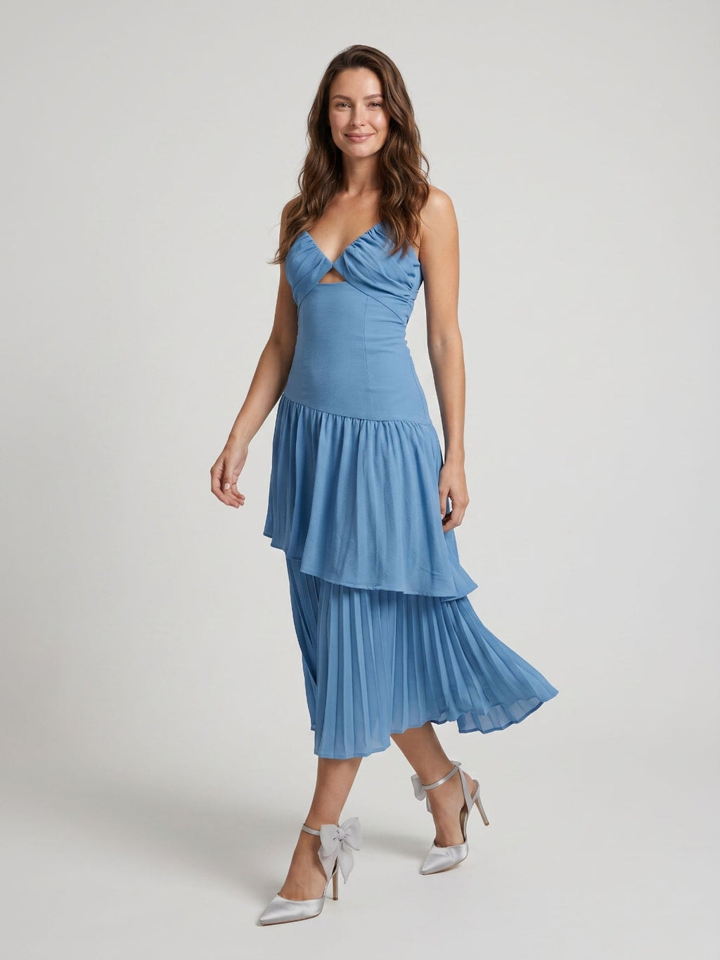 Steel Blue Stretch Knit Trumpet V-Neck Backless Tea-Length Dress - Curvevia