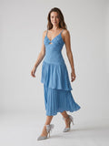 Steel Blue Stretch Knit Trumpet V-Neck Backless Tea-Length Dress - Curvevia