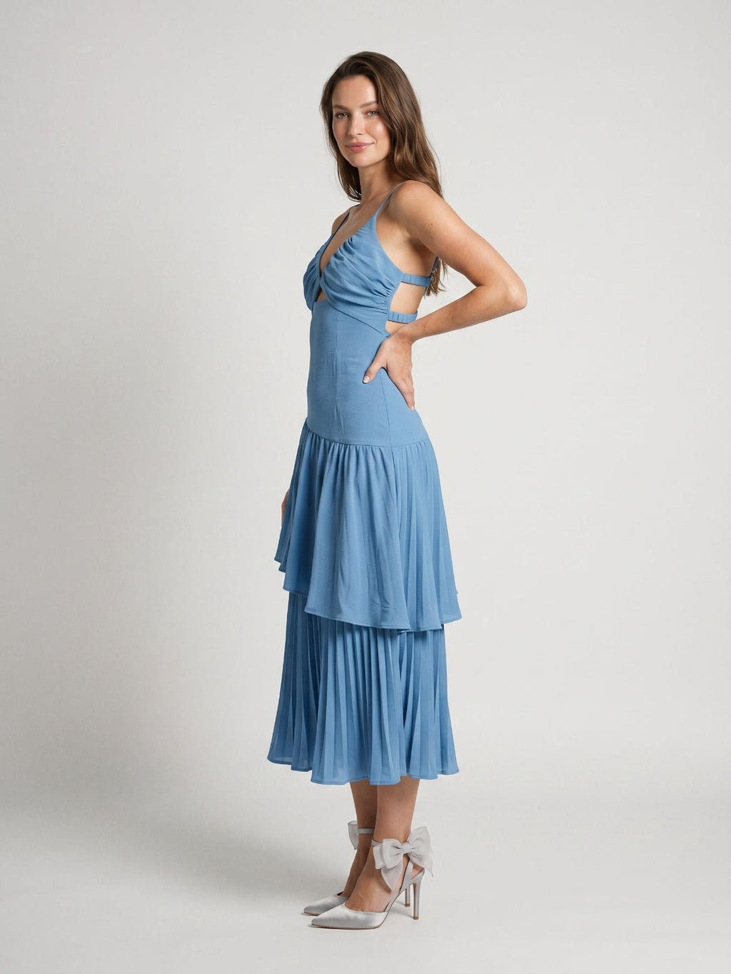Steel Blue Stretch Knit Trumpet V-Neck Backless Tea-Length Dress - Curvevia