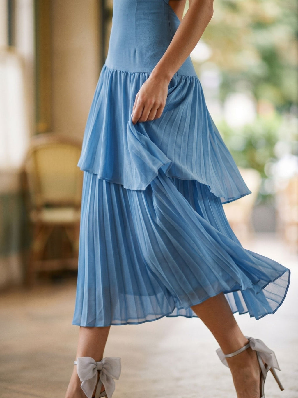 Steel Blue Stretch Knit Trumpet V-Neck Backless Tea-Length Dress - Curvevia