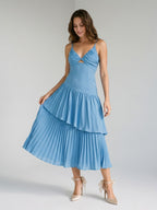 Steel Blue Stretch Knit Trumpet V-Neck Backless Tea-Length Dress - Curvevia