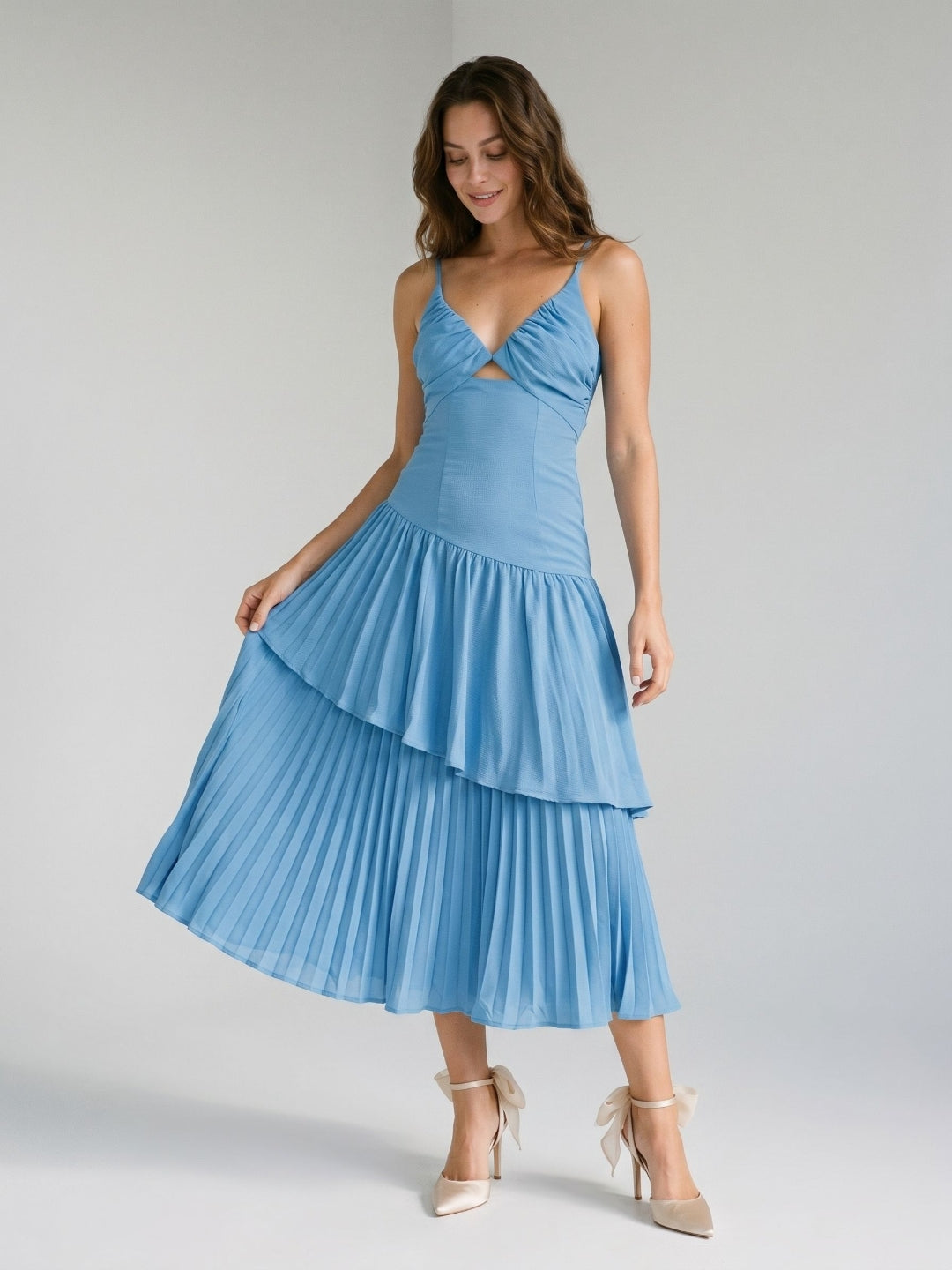 Steel Blue Stretch Knit Trumpet V-Neck Backless Tea-Length Dress - Curvevia
