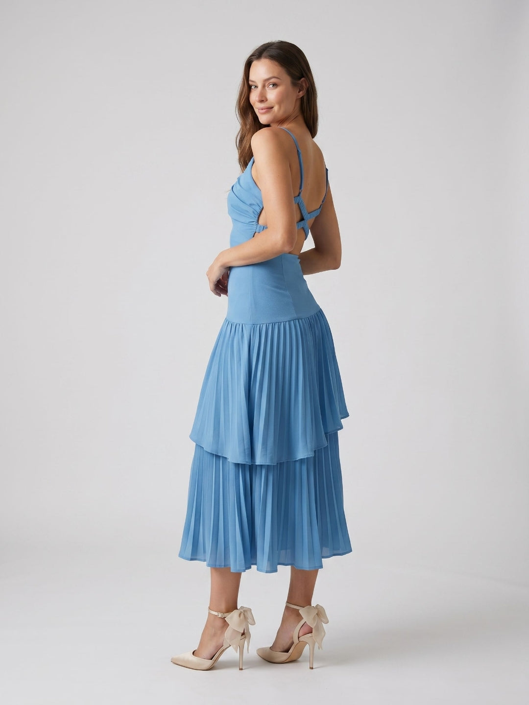 Steel Blue Stretch Knit Trumpet V-Neck Backless Tea-Length Dress - Curvevia
