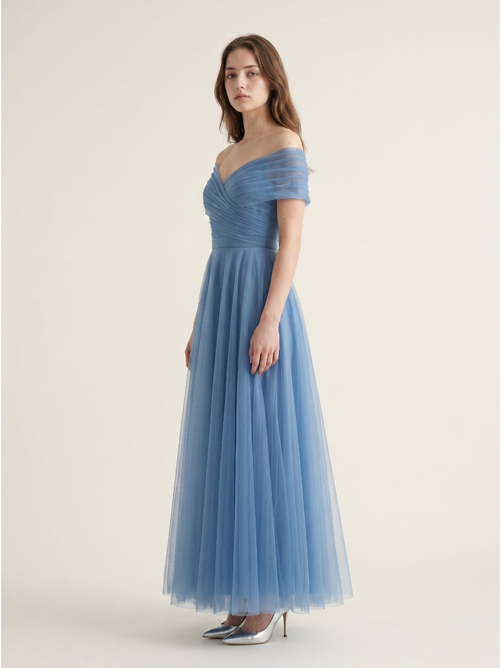 Steel Blue Tulle A-Line Off-the-Shoulder Backless Floor-Length Evening Dress with Pleats - Curvevia