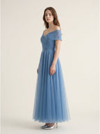 Steel Blue Tulle A-Line Off-the-Shoulder Backless Floor-Length Evening Dress with Pleats - Curvevia