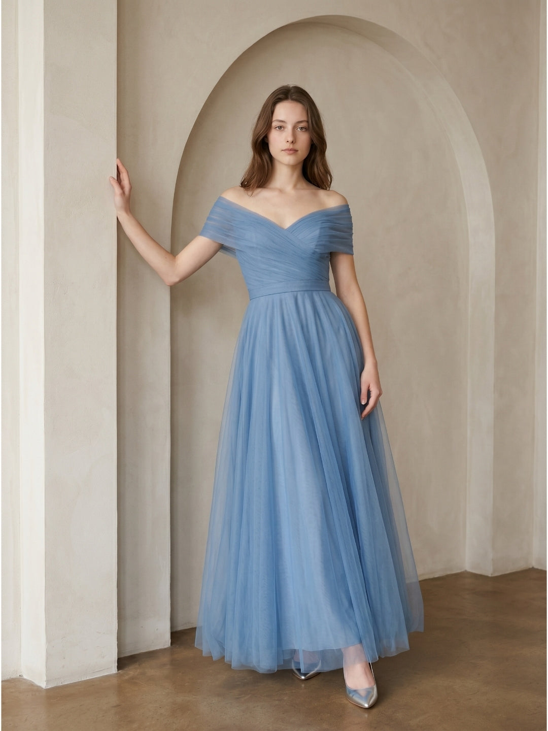 Steel Blue Tulle A-Line Off-the-Shoulder Backless Floor-Length Evening Dress with Pleats - Curvevia