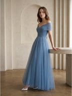 Steel Blue Tulle A-Line Off-the-Shoulder Backless Floor-Length Evening Dress with Pleats - Curvevia
