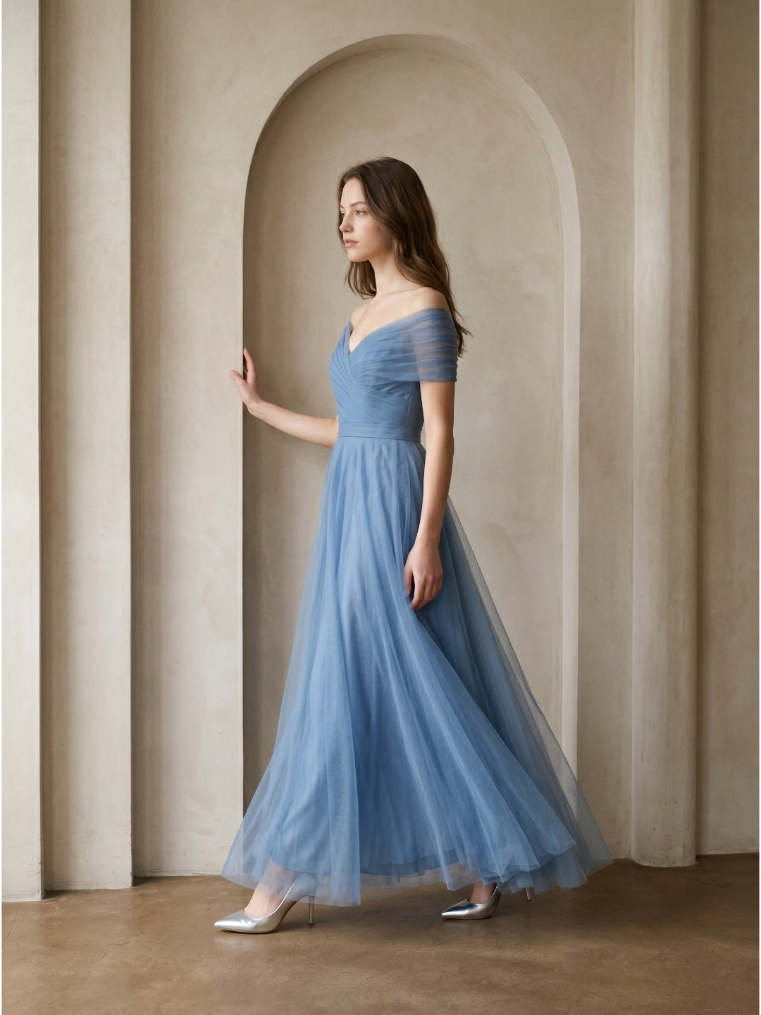 Steel Blue Tulle A-Line Off-the-Shoulder Backless Floor-Length Evening Dress with Pleats - Curvevia