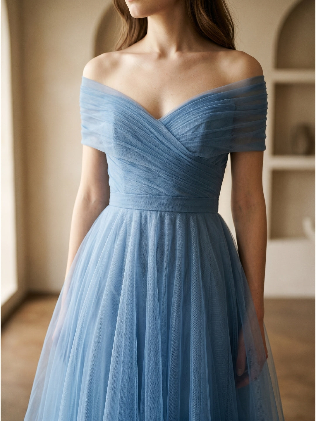 Steel Blue Tulle A-Line Off-the-Shoulder Backless Floor-Length Evening Dress with Pleats - Curvevia