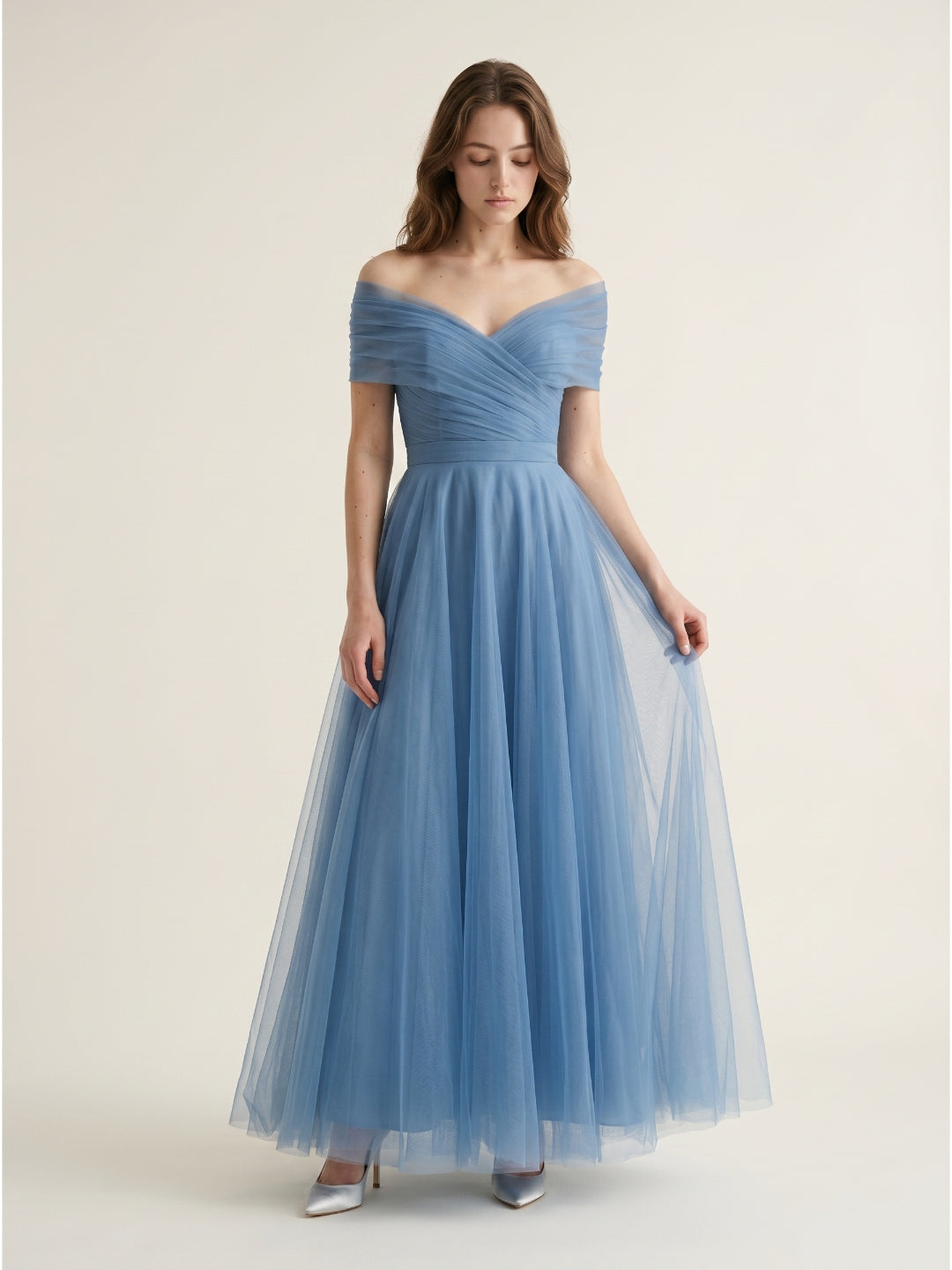 Steel Blue Tulle A-Line Off-the-Shoulder Backless Floor-Length Evening Dress with Pleats - Curvevia