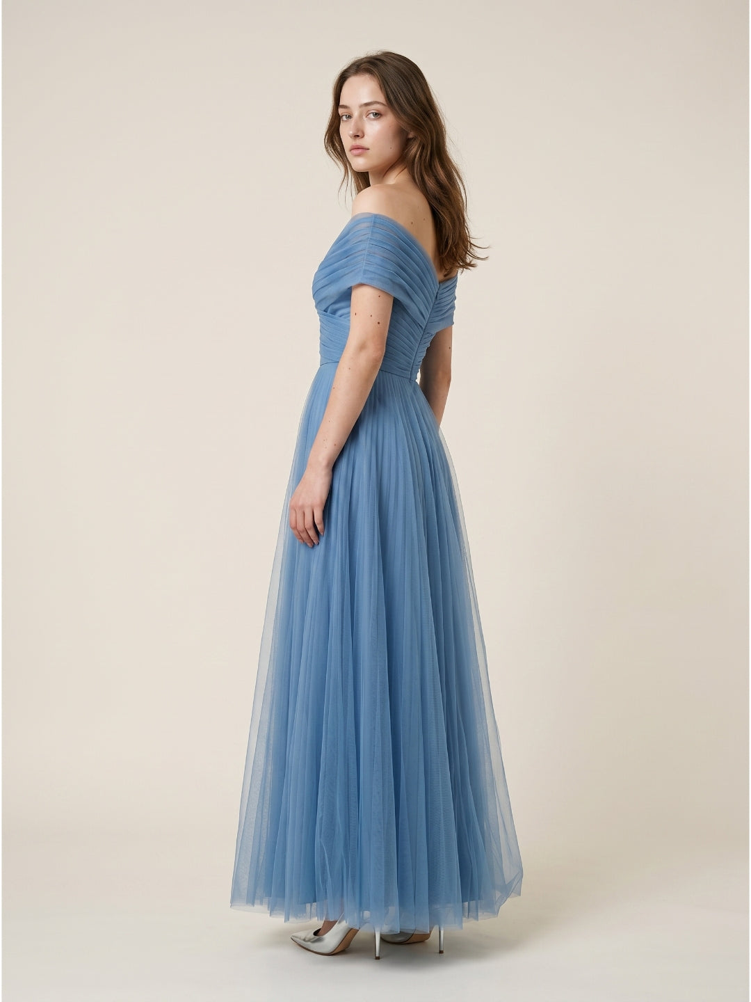 Steel Blue Tulle A-Line Off-the-Shoulder Backless Floor-Length Evening Dress with Pleats - Curvevia