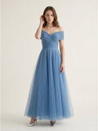 Steel Blue Tulle A-Line Off-the-Shoulder Backless Floor-Length Evening Dress with Pleats - Curvevia