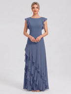Elegant Stormy Chiffon A-Line Scoop Neck Back Zip Ruffle Ankle-Length Bridesmaid Dress - Curvevia
