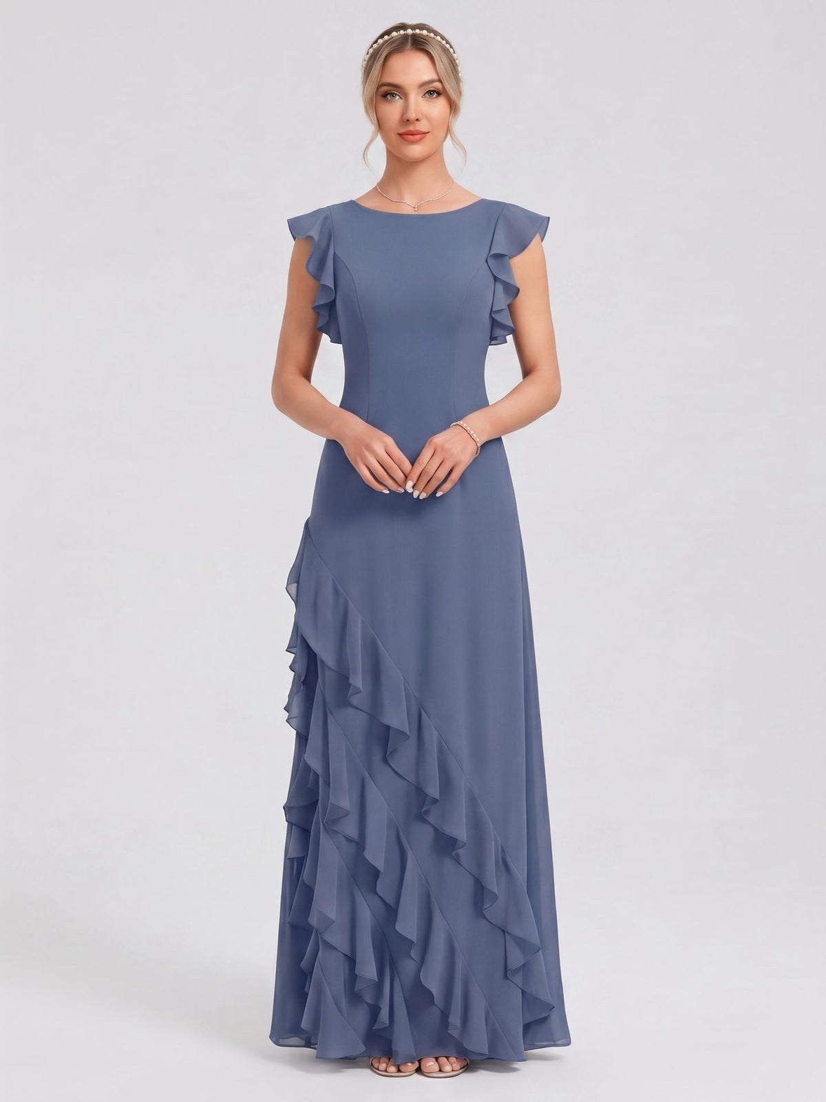 Elegant Stormy Chiffon A-Line Scoop Neck Back Zip Ruffle Ankle-Length Bridesmaid Dress - Curvevia