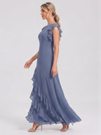 Elegant Stormy Chiffon A-Line Scoop Neck Back Zip Ruffle Ankle-Length Bridesmaid Dress - Curvevia