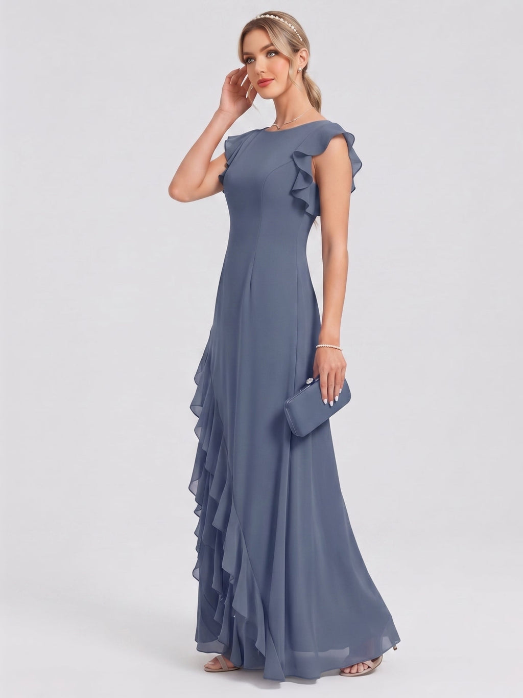 Elegant Stormy Chiffon A-Line Scoop Neck Back Zip Ruffle Ankle-Length Bridesmaid Dress - Curvevia