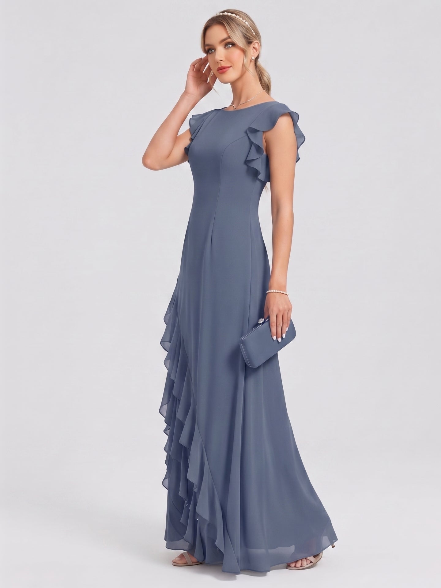 Elegant Stormy Chiffon A-Line Scoop Neck Back Zip Ruffle Ankle-Length Bridesmaid Dress - Curvevia