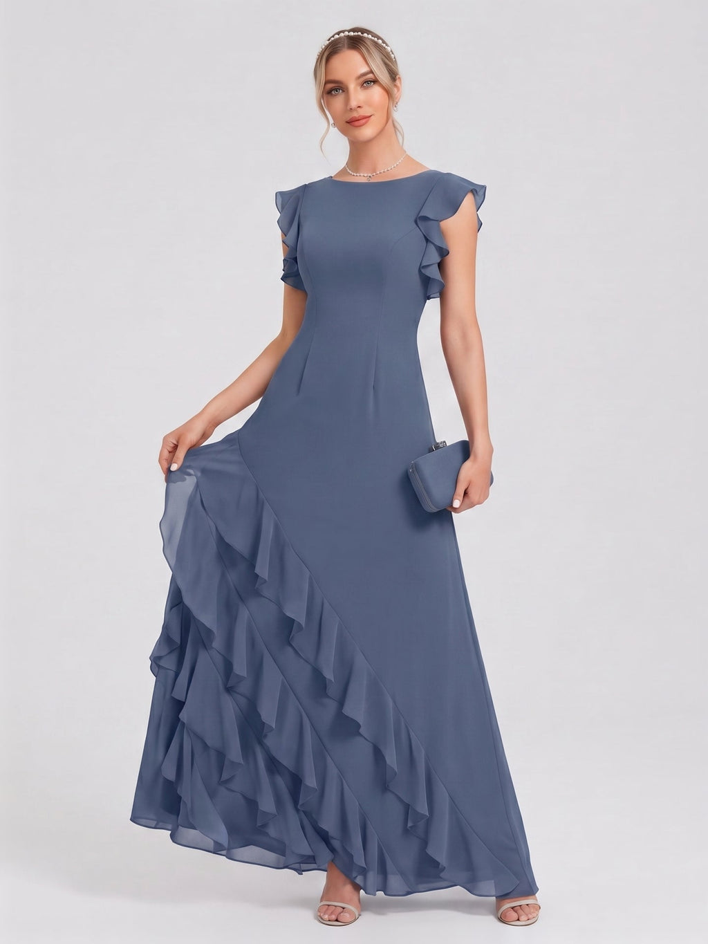 Elegant Stormy Chiffon A-Line Scoop Neck Back Zip Ruffle Ankle-Length Bridesmaid Dress - Curvevia