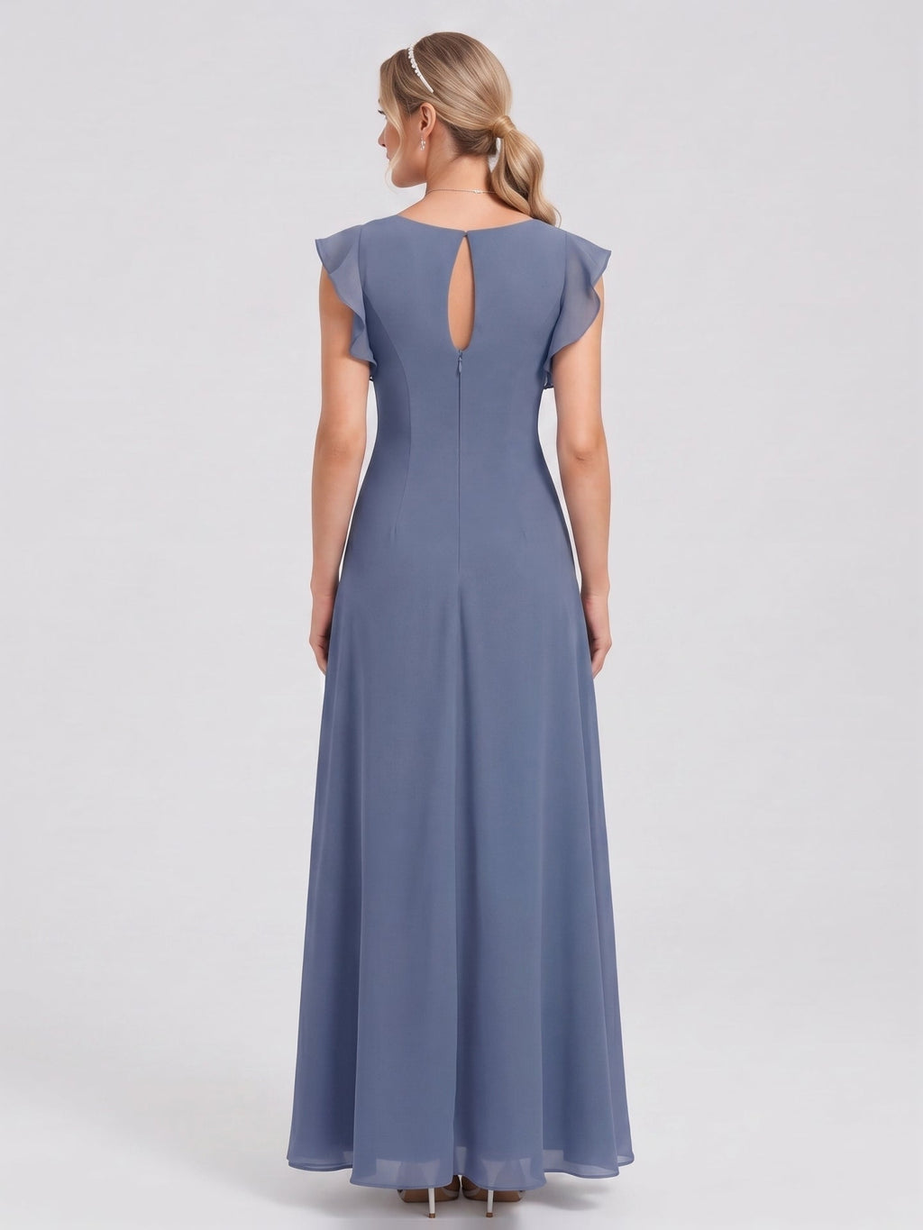 Elegant Stormy Chiffon A-Line Scoop Neck Back Zip Ruffle Ankle-Length Bridesmaid Dress - Curvevia
