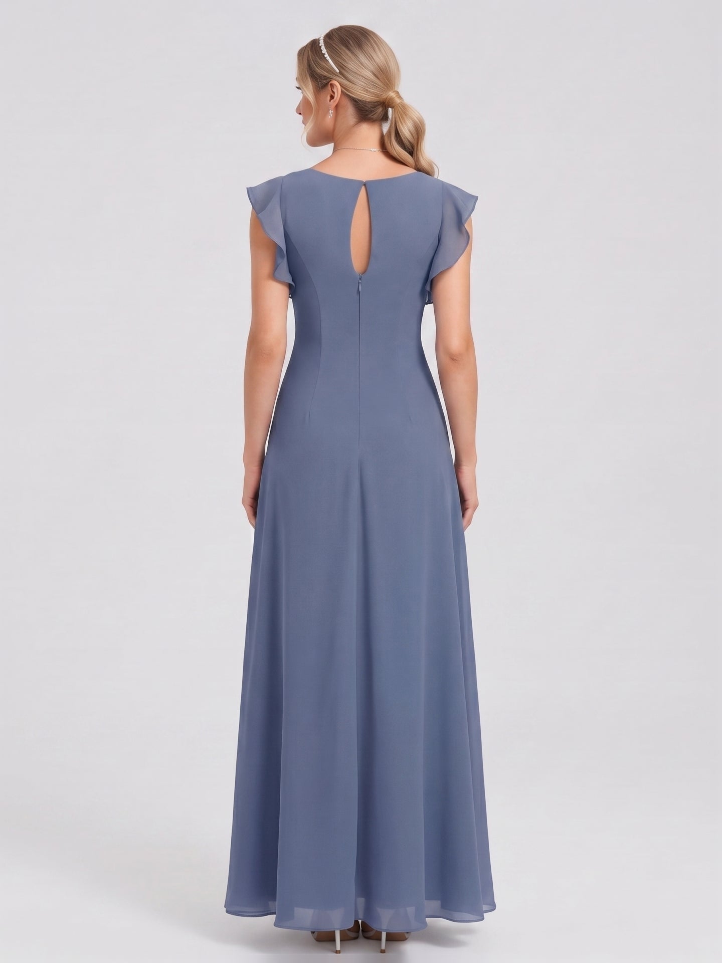 Elegant Stormy Chiffon A-Line Scoop Neck Back Zip Ruffle Ankle-Length Bridesmaid Dress - Curvevia
