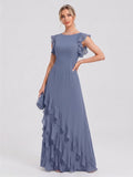 Elegant Stormy Chiffon A-Line Scoop Neck Back Zip Ruffle Ankle-Length Bridesmaid Dress - Curvevia