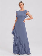 Elegant Stormy Chiffon A-Line Scoop Neck Back Zip Ruffle Ankle-Length Bridesmaid Dress - Curvevia