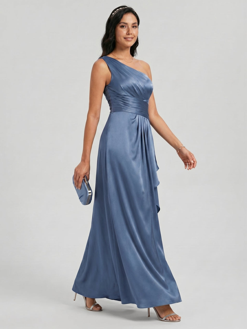 Elegant Stormy Satin A-Line One Shoulder Back Zip Ankle-Length Bridesmaid Dress - Curvevia