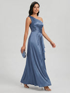 Elegant Stormy Satin A-Line One Shoulder Back Zip Ankle-Length Bridesmaid Dress - Curvevia