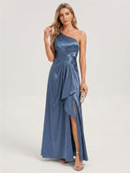 Elegant Stormy Satin A-Line One Shoulder Back Zip Ankle-Length Bridesmaid Dress - Curvevia