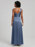Elegant Stormy Satin A-Line One Shoulder Back Zip Ankle-Length Bridesmaid Dress - Curvevia
