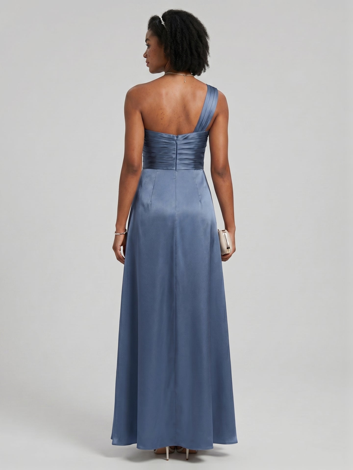 Elegant Stormy Satin A-Line One Shoulder Back Zip Ankle-Length Bridesmaid Dress - Curvevia