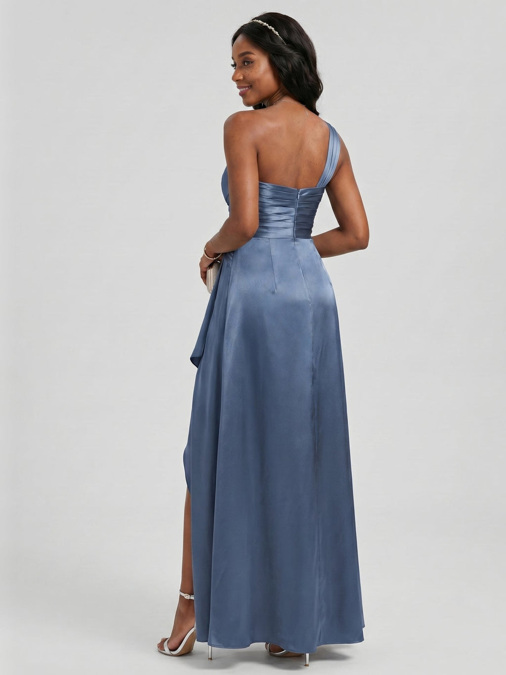 Elegant Stormy Satin A-Line One Shoulder Back Zip Ankle-Length Bridesmaid Dress - Curvevia