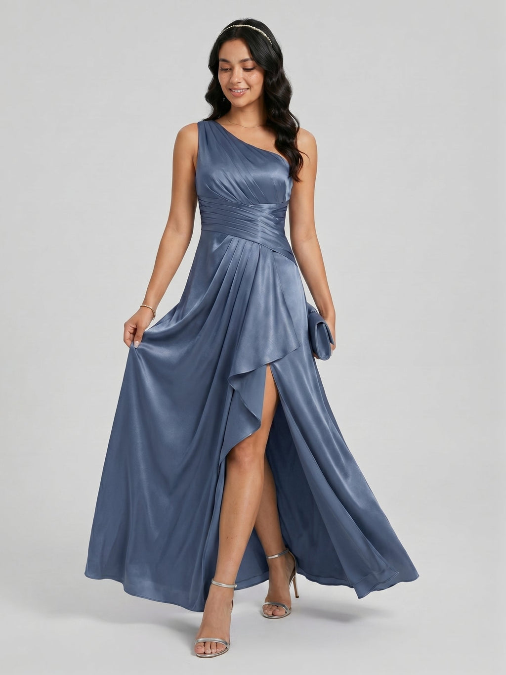 Elegant Stormy Satin A-Line One Shoulder Back Zip Ankle-Length Bridesmaid Dress - Curvevia