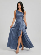 Elegant Stormy Satin A-Line One Shoulder Back Zip Ankle-Length Bridesmaid Dress - Curvevia