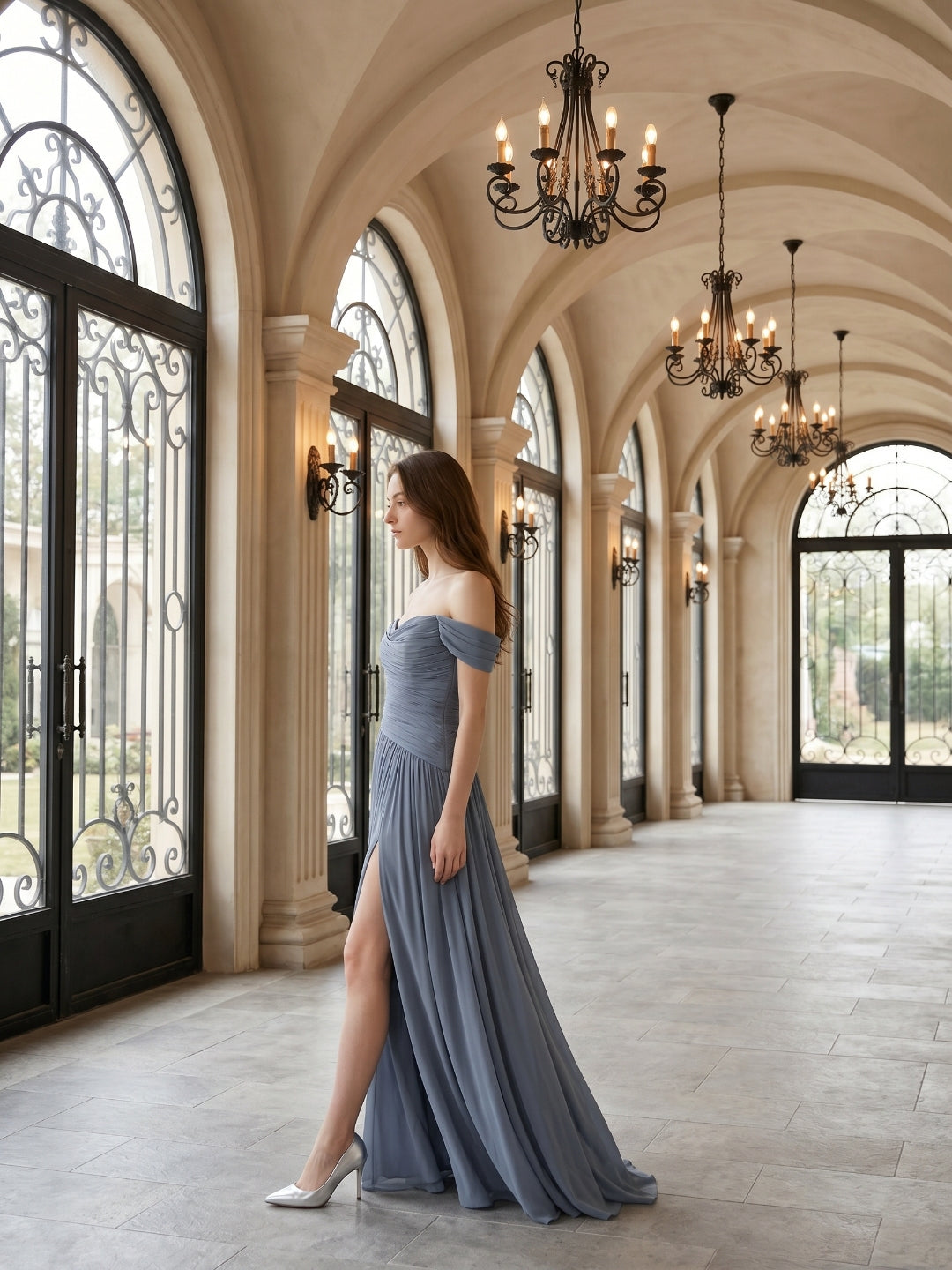 Stormy Chiffon A-Line Off-The-Shouler Back Zip Floor-Length Bridesmaid Dress with Pleats - Curvevia
