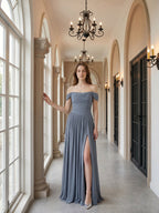Stormy Chiffon A-Line Off-The-Shouler Back Zip Floor-Length Bridesmaid Dress with Pleats - Curvevia