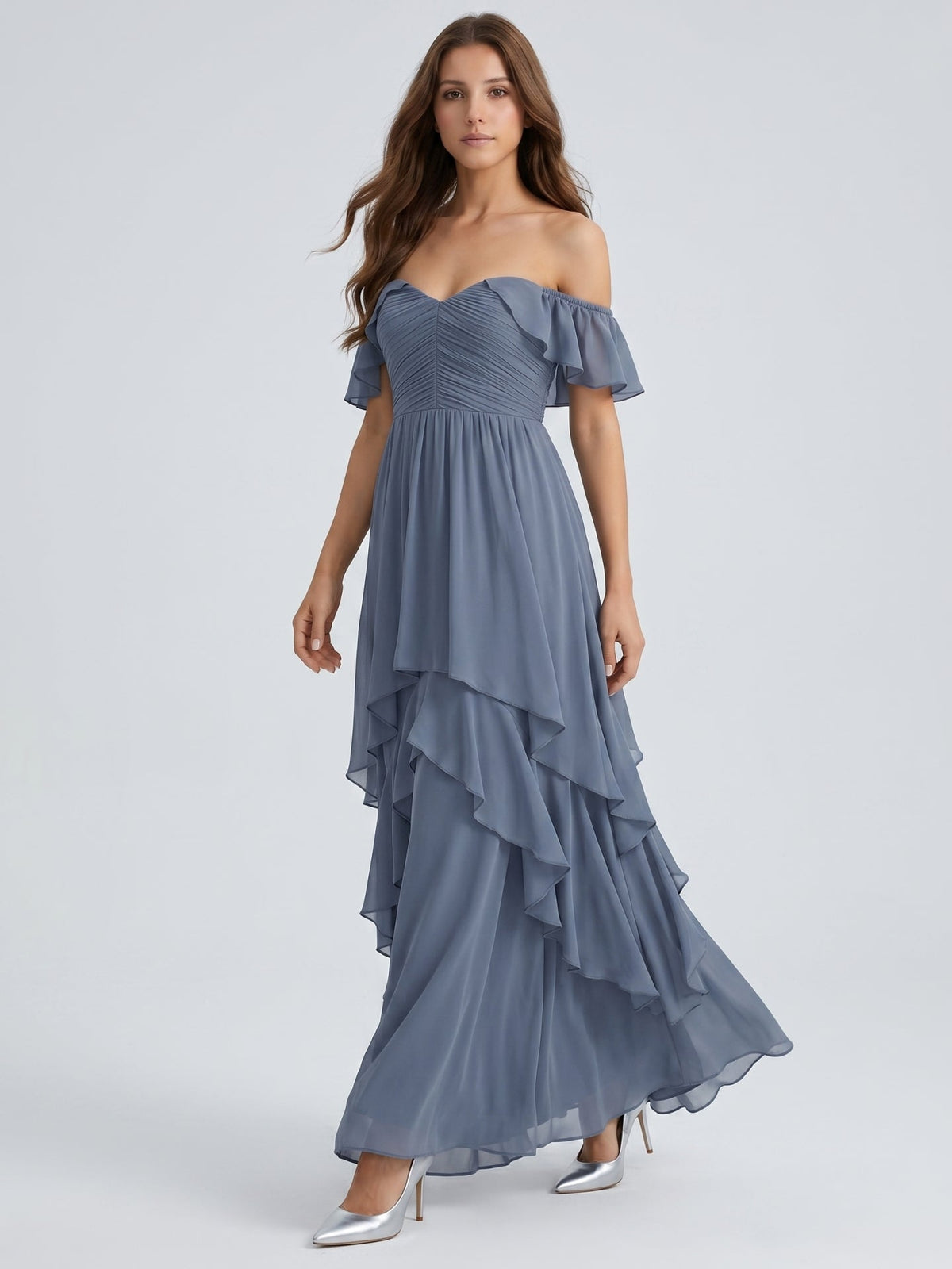 Stormy Chiffon A-Line Off-the-Shoulder Back Zip Floor-Length Bridesmaid Dress with Cascading Ruffles - Curvevia