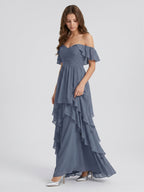 Stormy Chiffon A-Line Off-the-Shoulder Back Zip Floor-Length Bridesmaid Dress with Cascading Ruffles - Curvevia