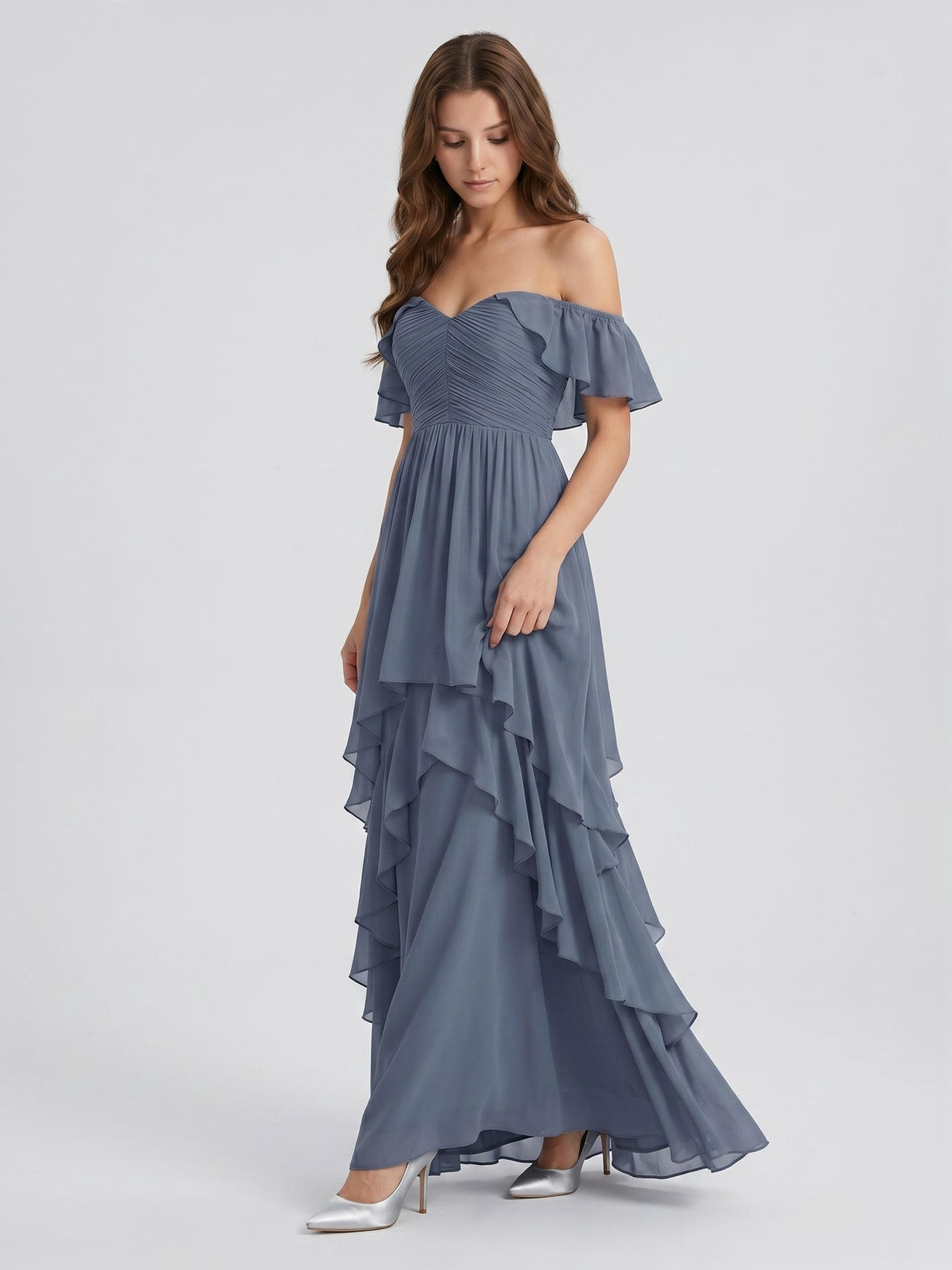 Stormy Chiffon A-Line Off-the-Shoulder Back Zip Floor-Length Bridesmaid Dress with Cascading Ruffles - Curvevia