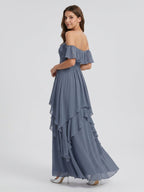Stormy Chiffon A-Line Off-the-Shoulder Back Zip Floor-Length Bridesmaid Dress with Cascading Ruffles - Curvevia